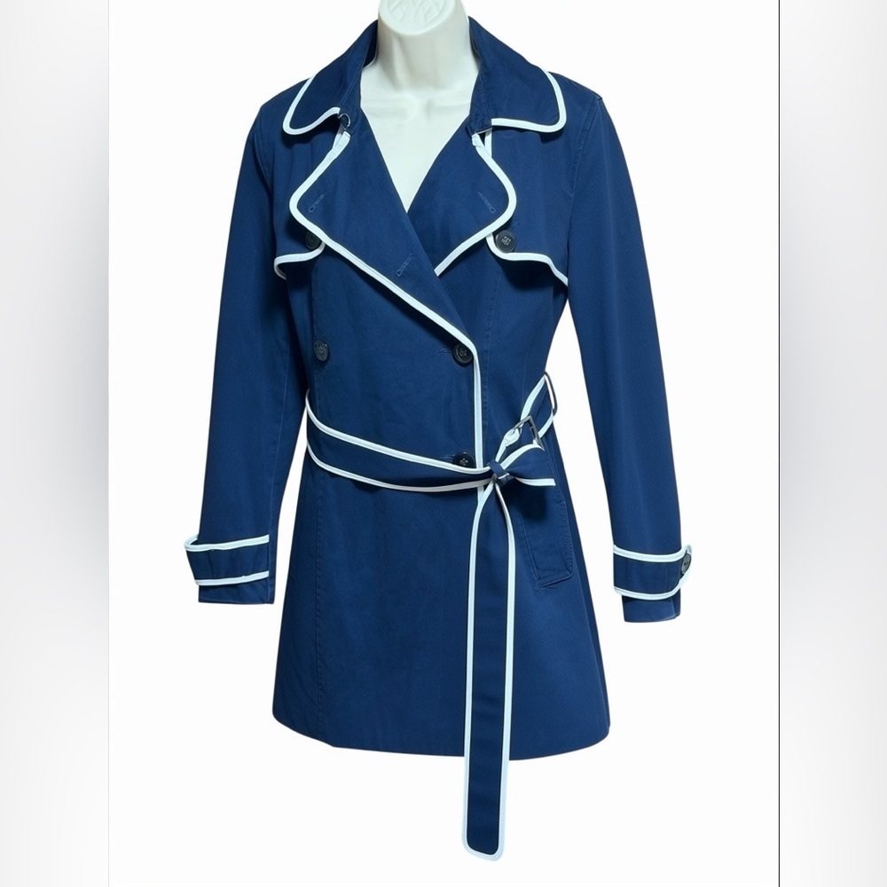 Tommy Hilfiger Navy Trench Coat White Trim Belted Preppy Coastal Chic